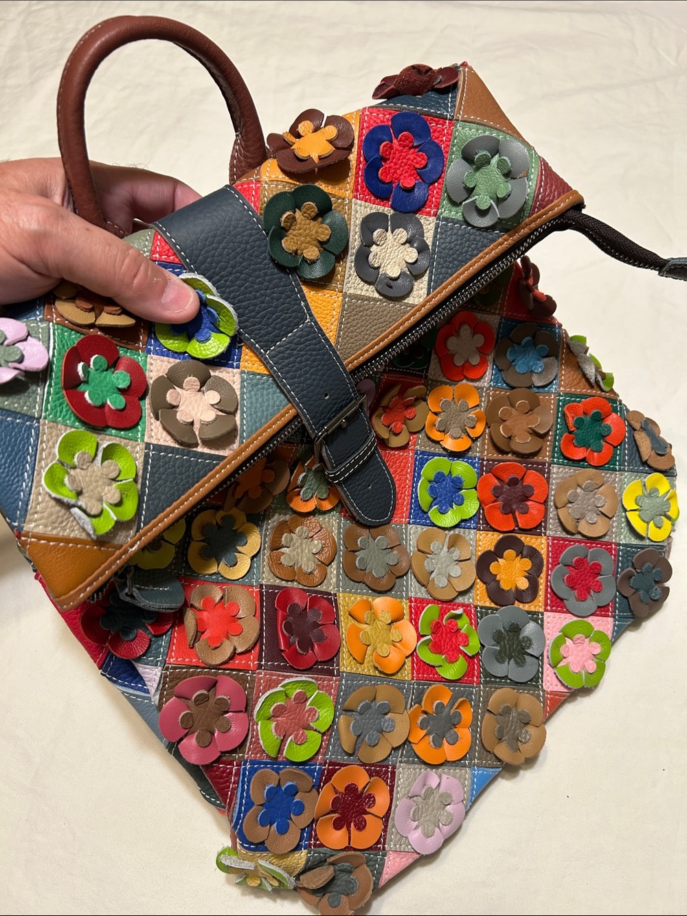 Vera Pelle Multicolor Floral Appliqué Patchwork Tote Italy